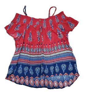 Twine & String Girl's Red Blue Gauzy Paisley Boho Off Shoulder Peasant Top‎ Sz L